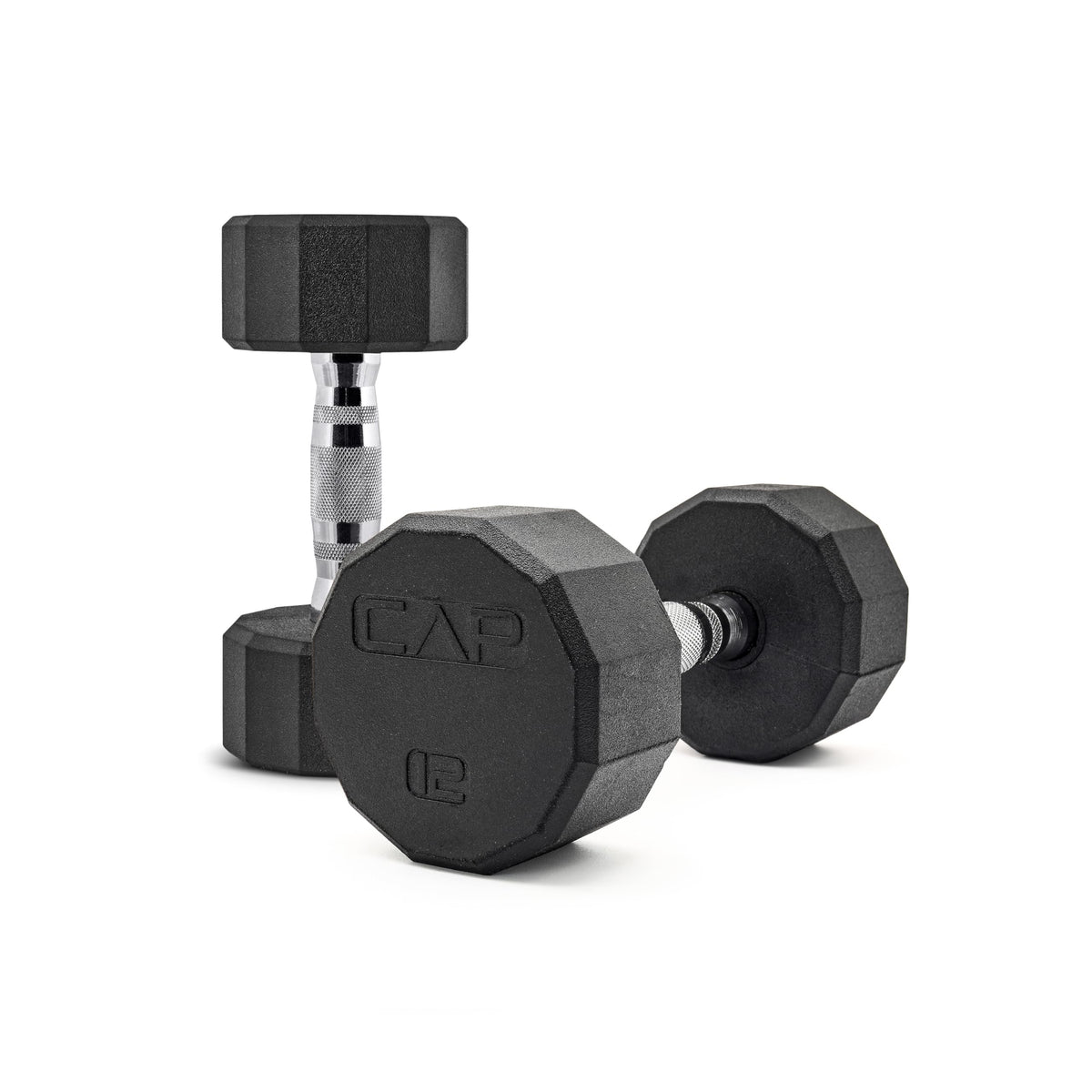 CAP Rubber Coated Dumbbell Weights, Free Weights for Home Gym Strength Training, Anti-Roll Hex Dumbbells with Black, Chrome & Comfort Grip Handles, Pairs & Sets