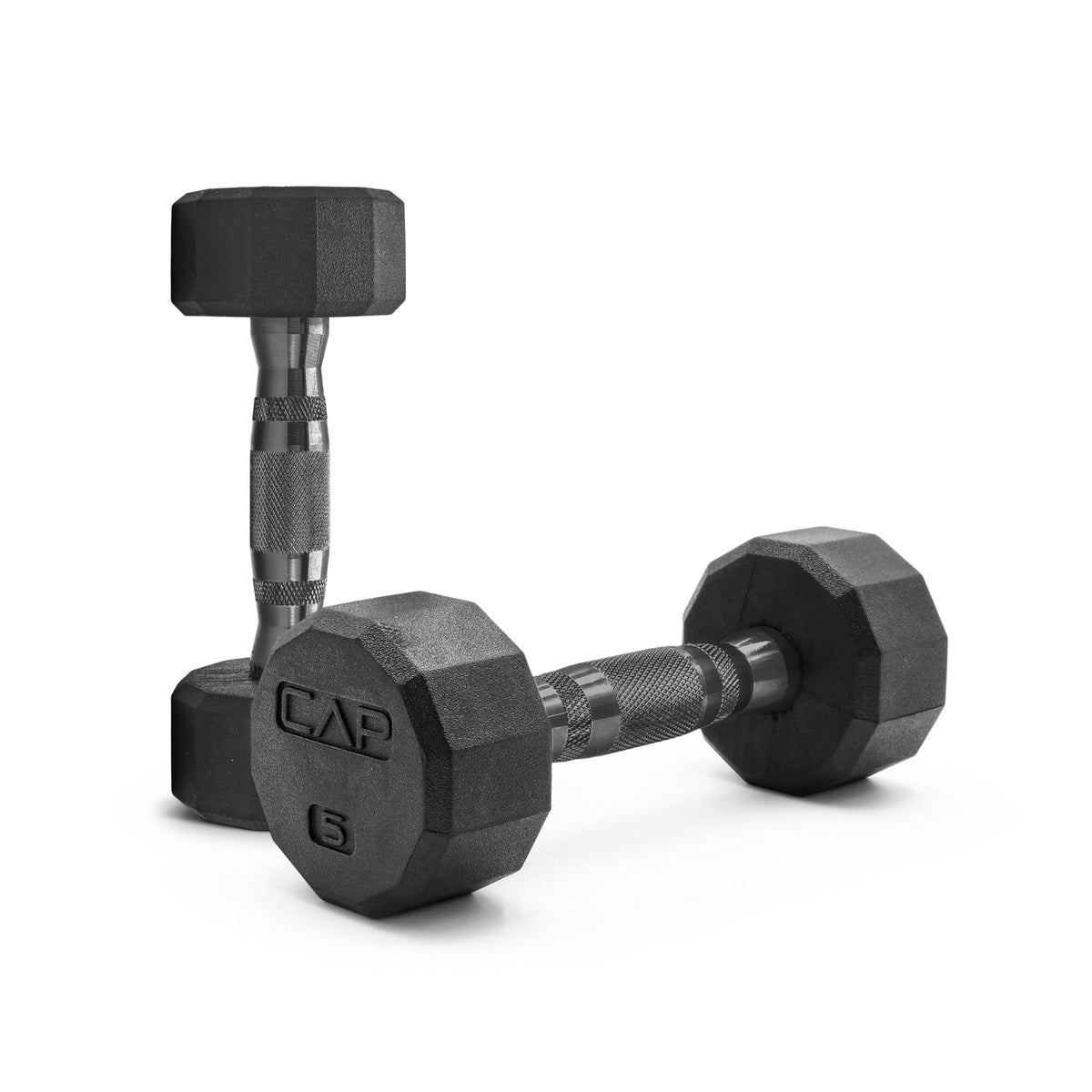 CAP Rubber Coated Dumbbell Weights, Free Weights for Home Gym Strength Training, Anti-Roll Hex Dumbbells with Black, Chrome & Comfort Grip Handles, Pairs & Sets