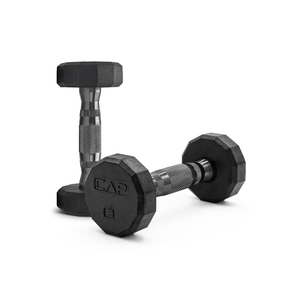 CAP Rubber Coated Dumbbell Weights, Free Weights for Home Gym Strength Training, Anti-Roll Hex Dumbbells with Black, Chrome & Comfort Grip Handles, Pairs & Sets