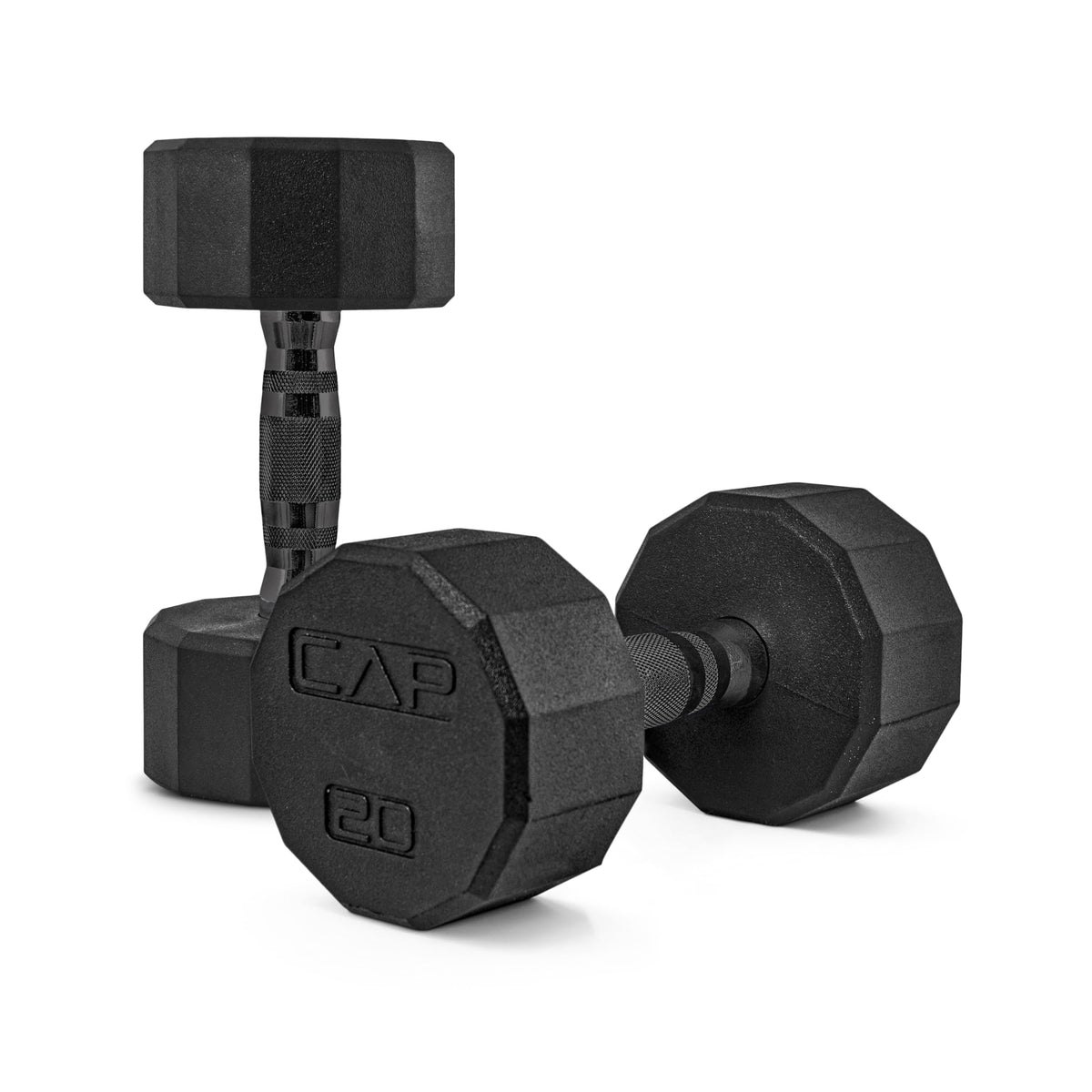 CAP Rubber Coated Dumbbell Weights, Free Weights for Home Gym Strength Training, Anti-Roll Hex Dumbbells with Black, Chrome & Comfort Grip Handles, Pairs & Sets