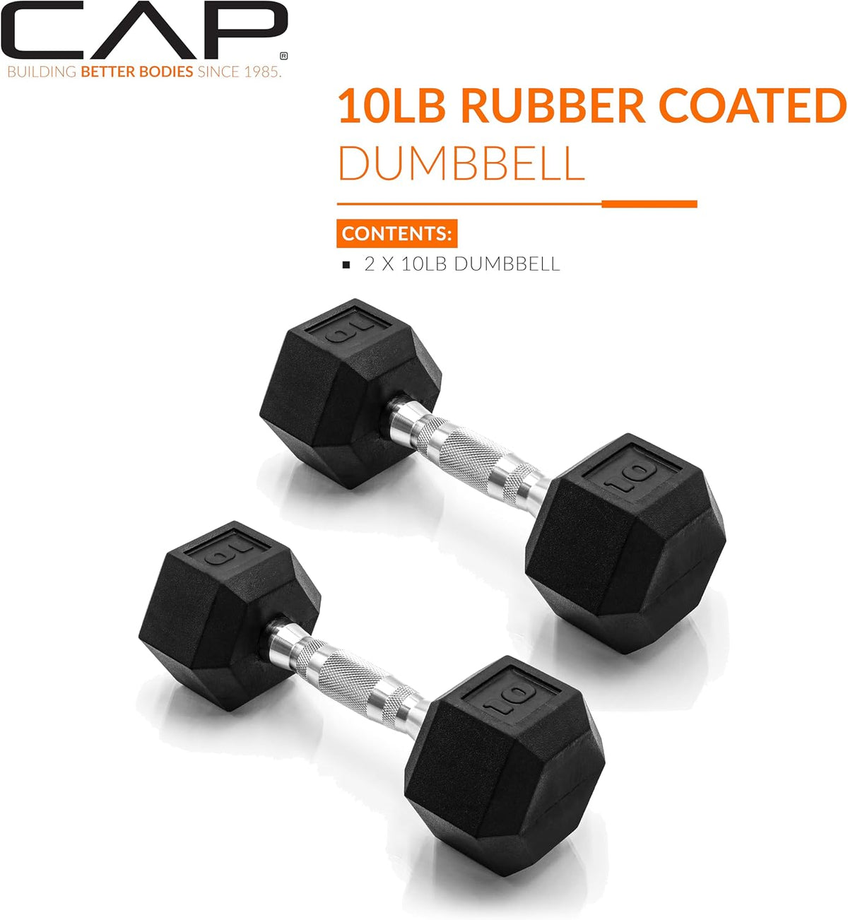 CAP Rubber Coated Dumbbell Weights, Free Weights for Home Gym Strength Training, Anti-Roll Hex Dumbbells with Black, Chrome & Comfort Grip Handles, Pairs & Sets