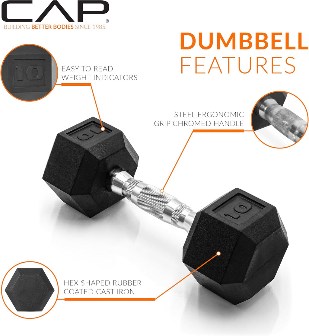 CAP Rubber Coated Dumbbell Weights, Free Weights for Home Gym Strength Training, Anti-Roll Hex Dumbbells with Black, Chrome & Comfort Grip Handles, Pairs & Sets