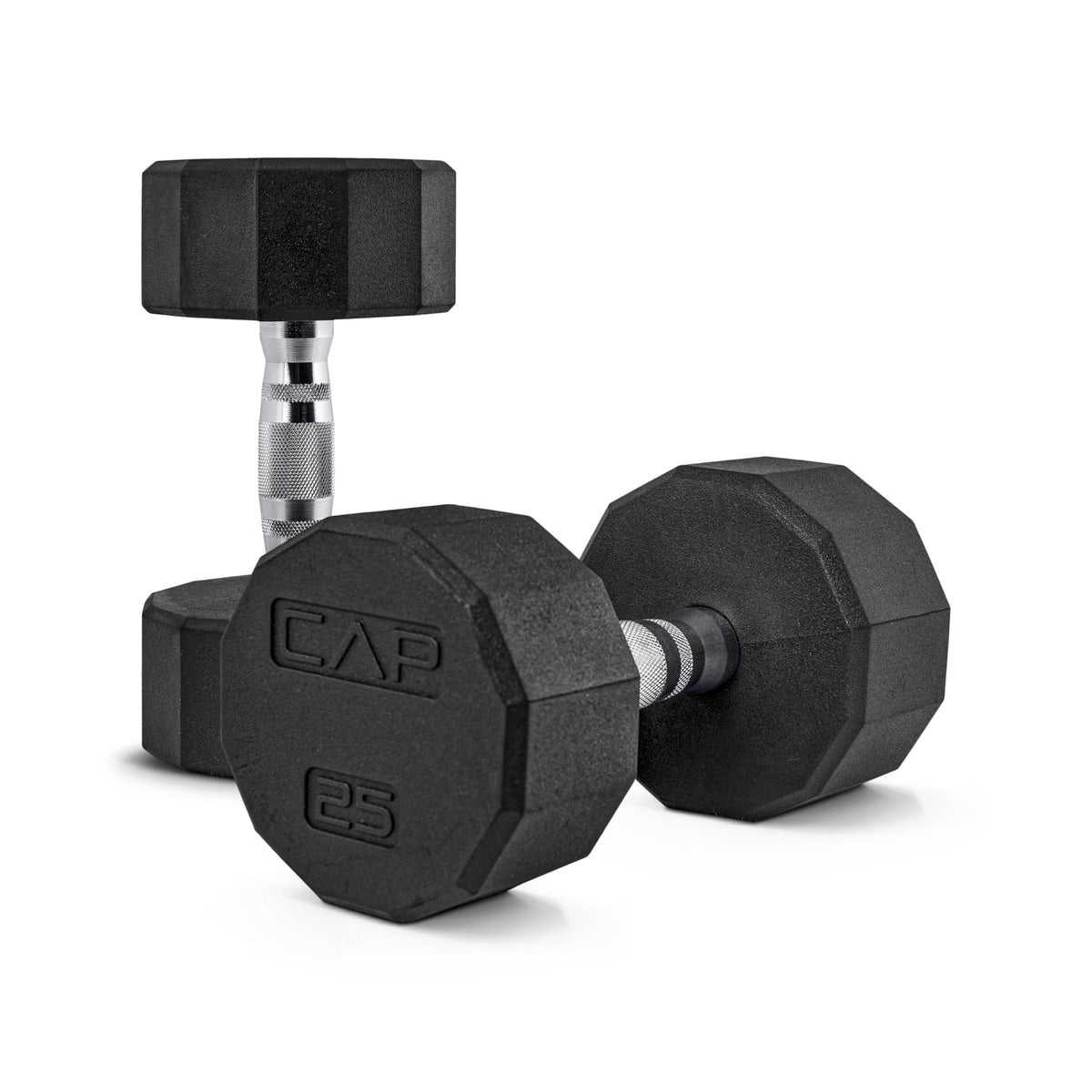 CAP Rubber Coated Dumbbell Weights, Free Weights for Home Gym Strength Training, Anti-Roll Hex Dumbbells with Black, Chrome & Comfort Grip Handles, Pairs & Sets