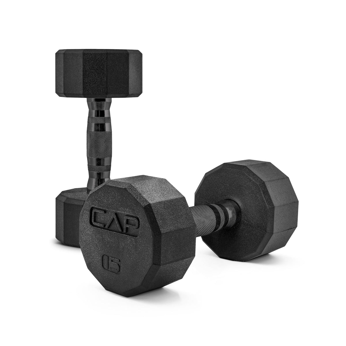 CAP Rubber Coated Dumbbell Weights, Free Weights for Home Gym Strength Training, Anti-Roll Hex Dumbbells with Black, Chrome & Comfort Grip Handles, Pairs & Sets
