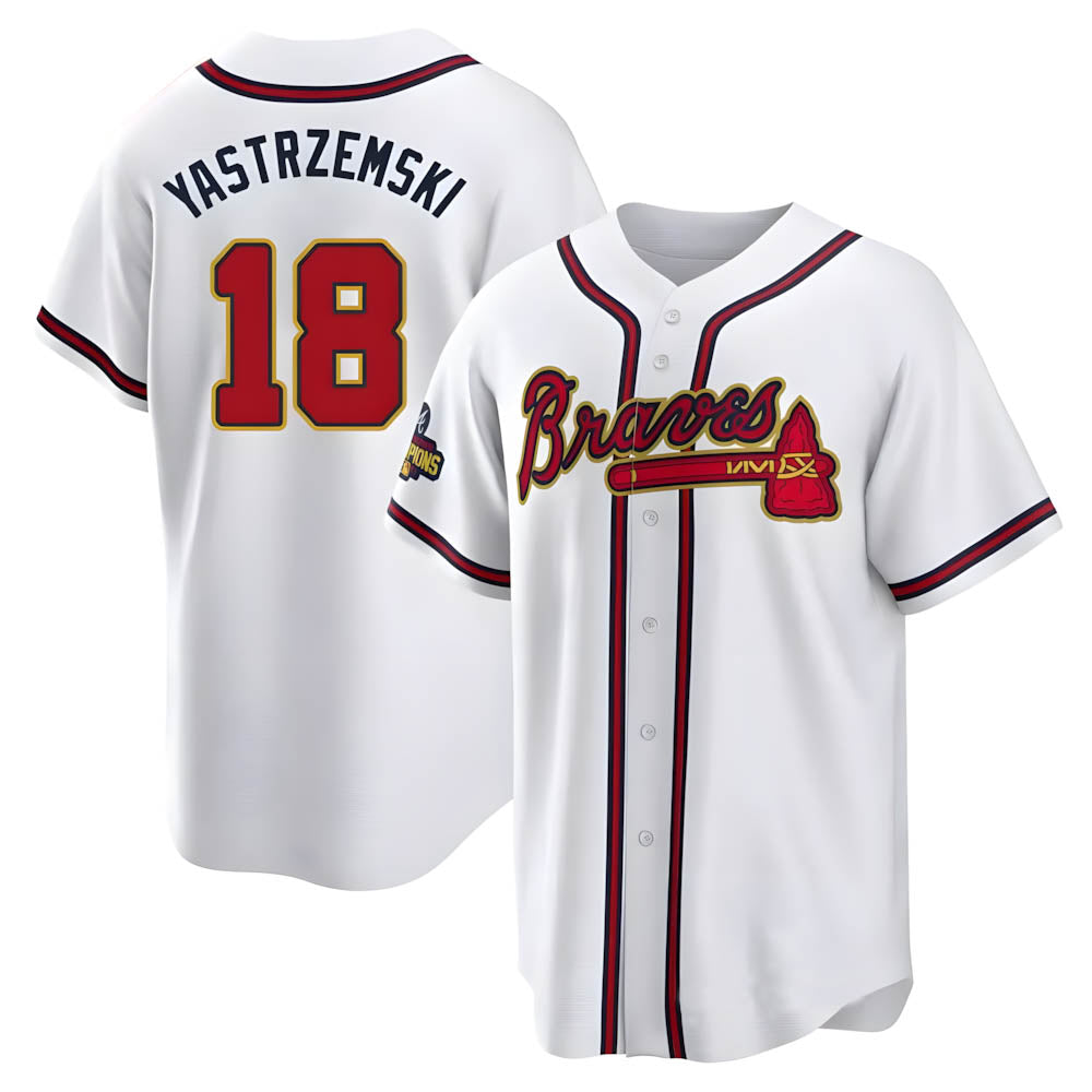 MATTH A.Braves #18 Mike Yastrzemski player Gold Replica White Program Stitched Jerseys