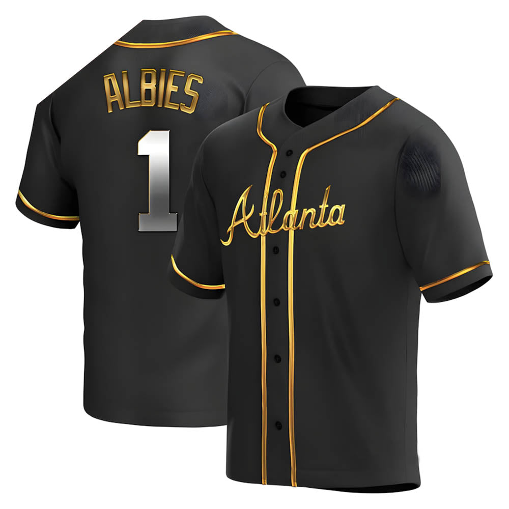 MATTH A.Braves #1 Ozzie Albies Player Gold Replica Black en Alternate Stitched Jerseys