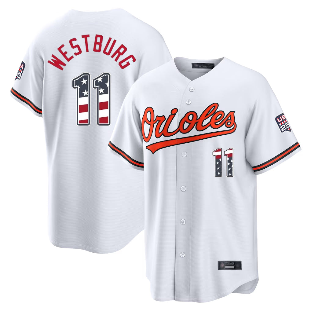 MATTH B.Orioles #11 Jordan Westburg Player White USA 250 Fourth of July Home Game Stitched Jerseys