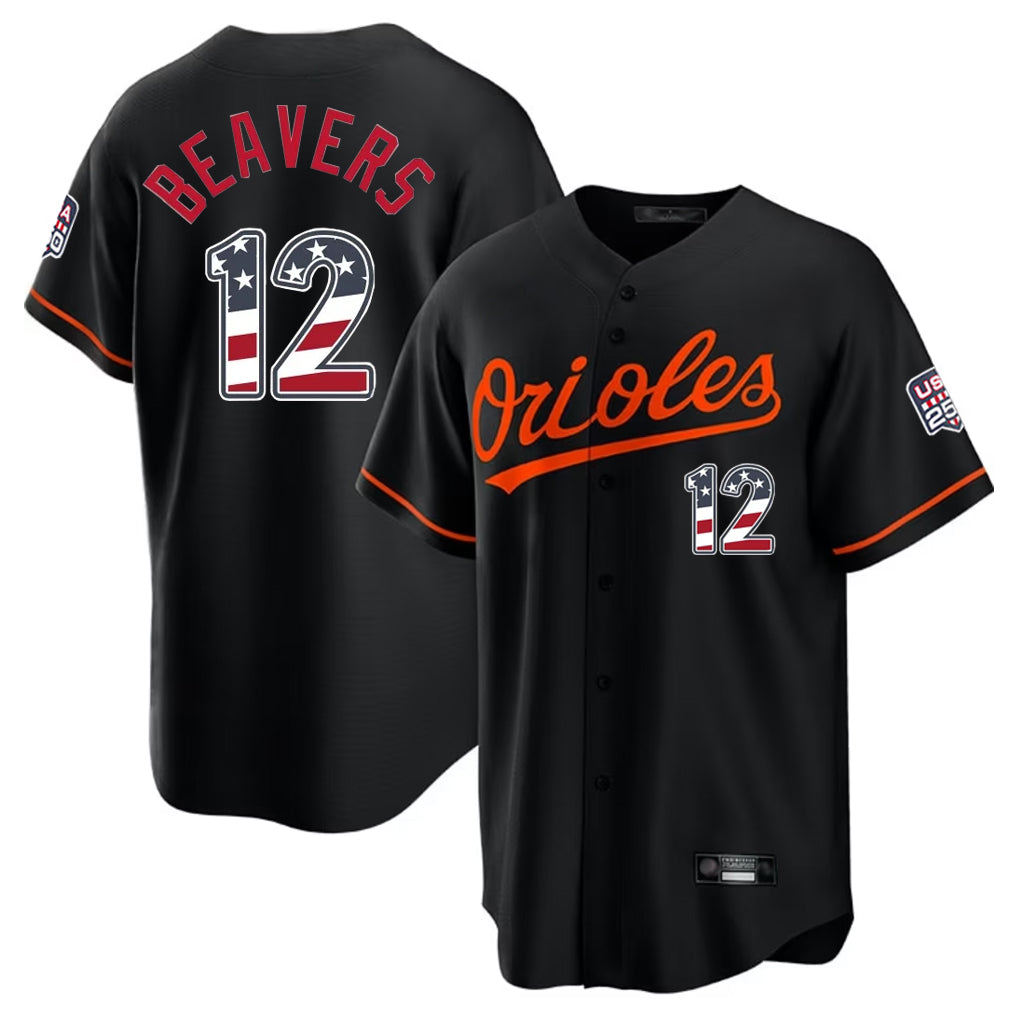 MATTH B.Orioles #12 Dylan Beavers Player Black USA 250 Fourth of July Home Game Stitched Jerseys