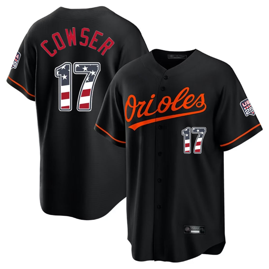 MATTH B.Orioles #17 Colton Cowser Player Black USA 250 Fourth of July Home Game Stitched Jerseys