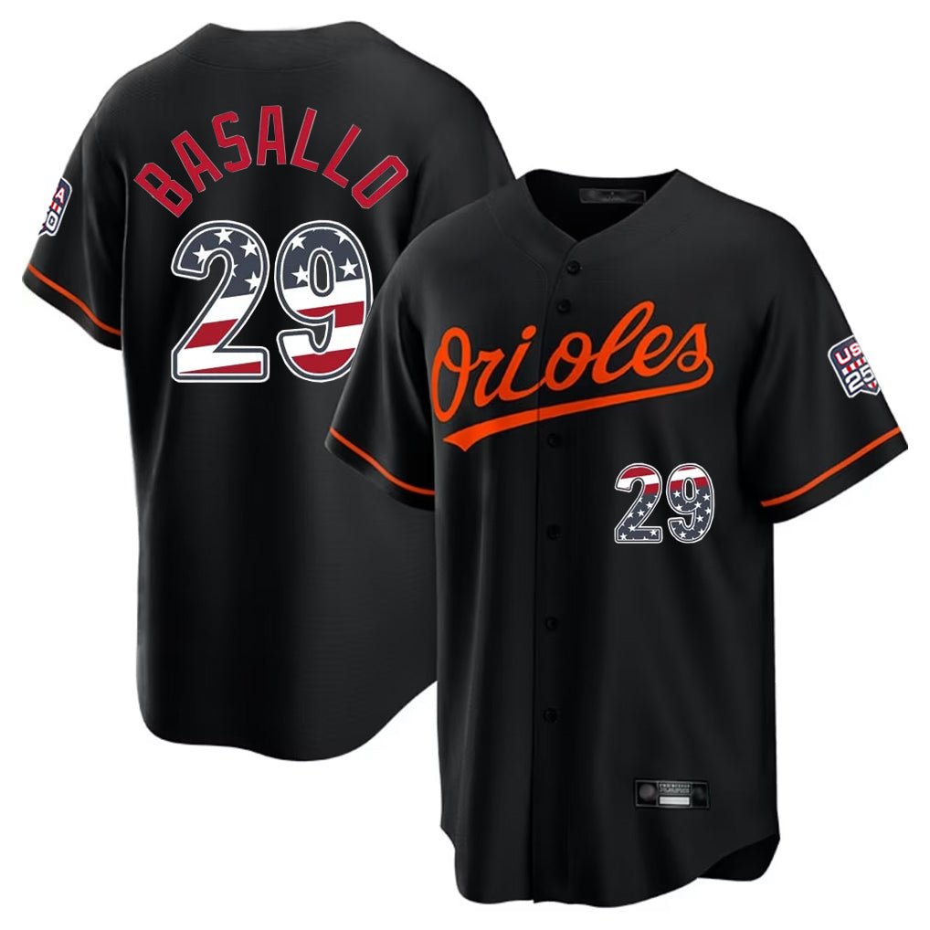 MATTH B.Orioles #29 Samuel Basallo Player Black USA 250 Fourth of July Home Game Stitched Jerseys