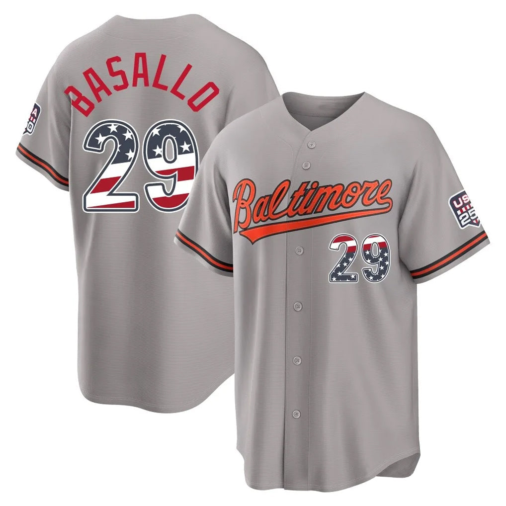 MATTH B.Orioles #29 Samuel Basallo Player Gray USA 250 Fourth of July Home Game Stitched Jerseys