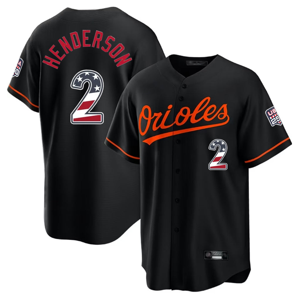 MATTH B.Orioles #2 Gunnar Henderson Player Black USA 250 Fourth of July Home Game Stitched Jerseys