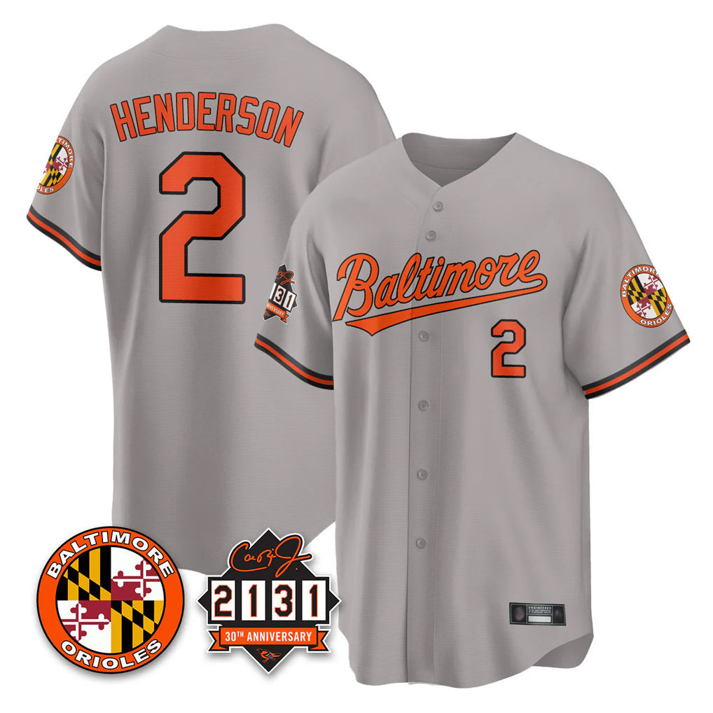 MATTH B.Orioles #2 Gunnar Henderson Player Gray 30th Anniversary of 2131 Home Game Stitched Jerseys