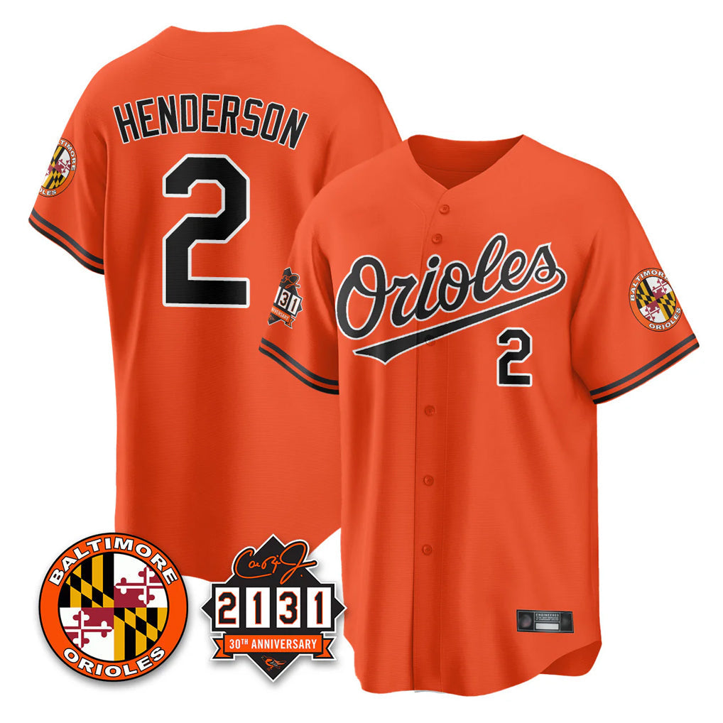 MATTH B.Orioles #2 Gunnar Henderson Player Orange 30th Anniversary of 2131 Home Game Stitched Jerseys
