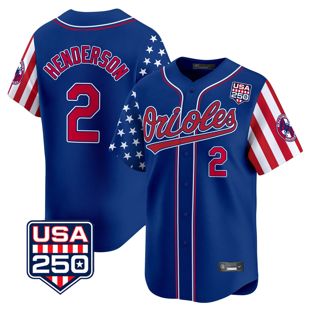 MATTH B.Orioles #2 Gunnar Henderson Player Royal USA 250 Independence Day Vapor Premier Limited Home Game Stitched Jerseys