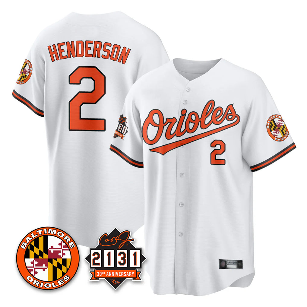 MATTH B.Orioles #2 Gunnar Henderson Player White 30th Anniversary of 2131 Home Game Stitched Jerseys