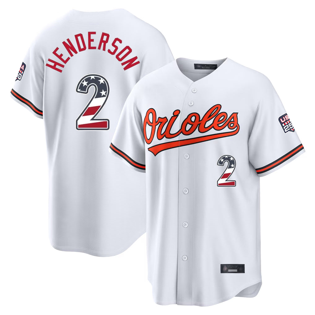 MATTH B.Orioles #2 Gunnar Henderson Player White USA 250 Fourth of July Home Game Stitched Jerseys