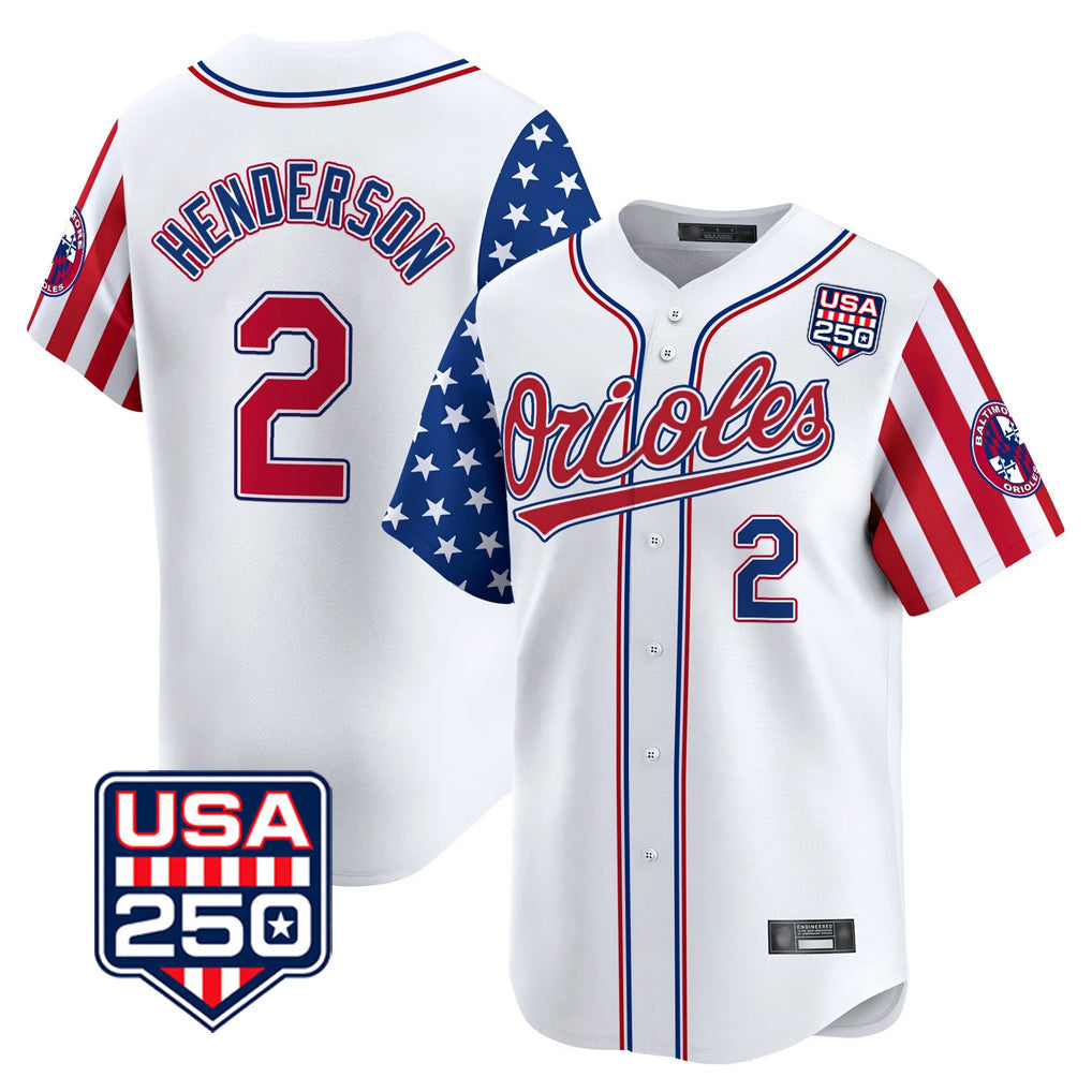 MATTH B.Orioles #2 Gunnar Henderson Player White USA 250 Independence Day Vapor Premier Home Game Stitched Jerseys