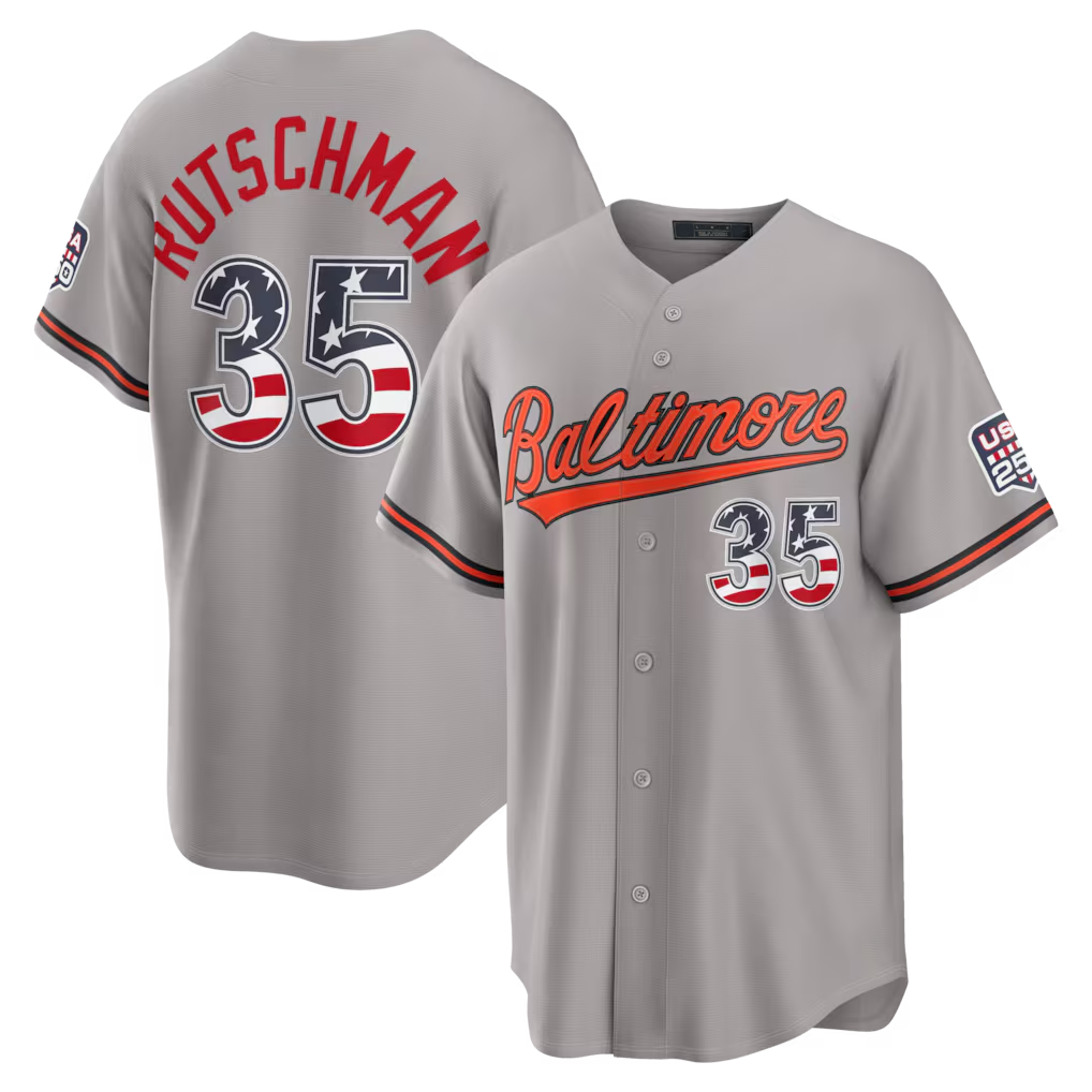 MATTH B.Orioles #35 Adley Rutschman Gray USA 250 Fourth of July Road Stadium Jersey