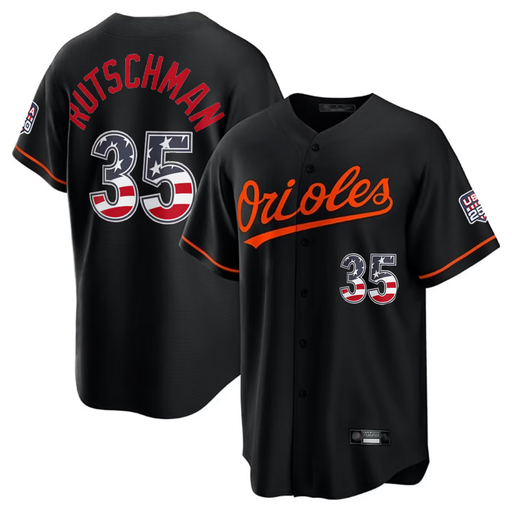 MATTH B.Orioles #35 Adley Rutschman Player Black USA 250 Fourth of July Home Game Stitched Jerseys