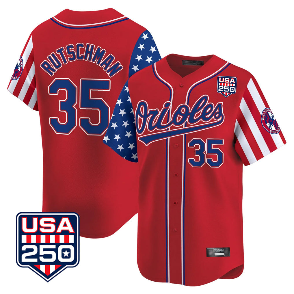 MATTH B.Orioles #35 Adley Rutschman Player Red USA 250 Independence Day Vapor Premier Limited Home Game Stitched Jerseys