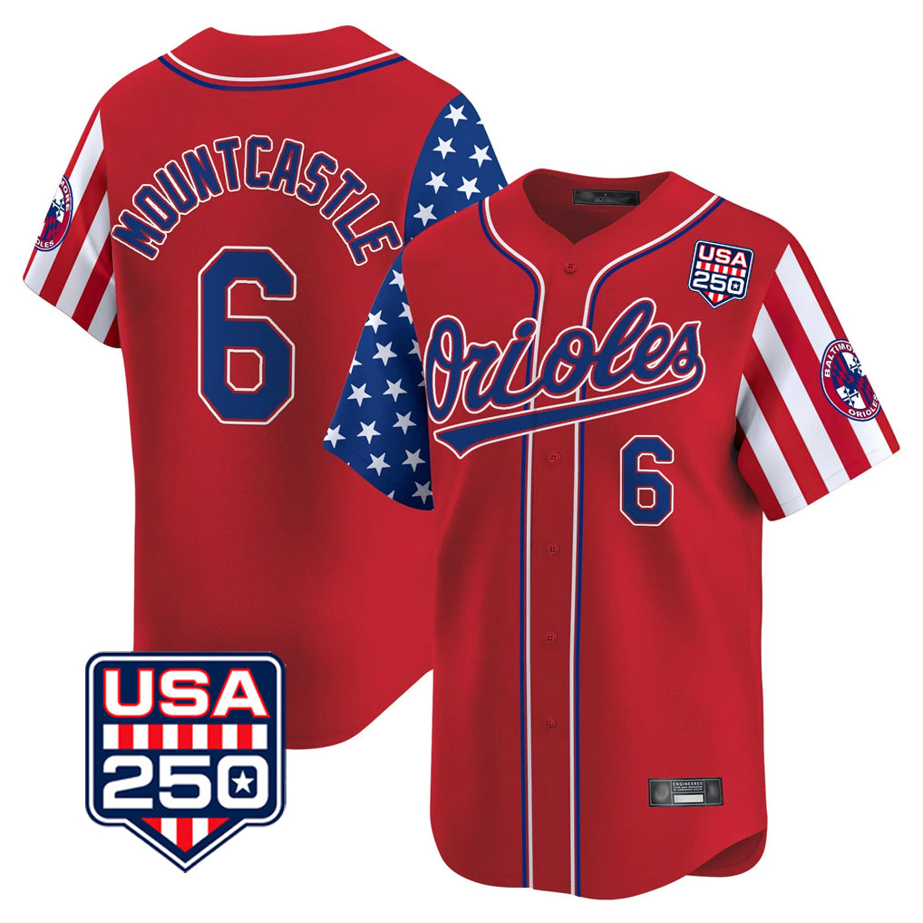 MATTH B.Orioles #6 Ryan Mountcastle Player Red USA 250 Independence Day Vapor Premier Limited Home Game Stitched Jerseys