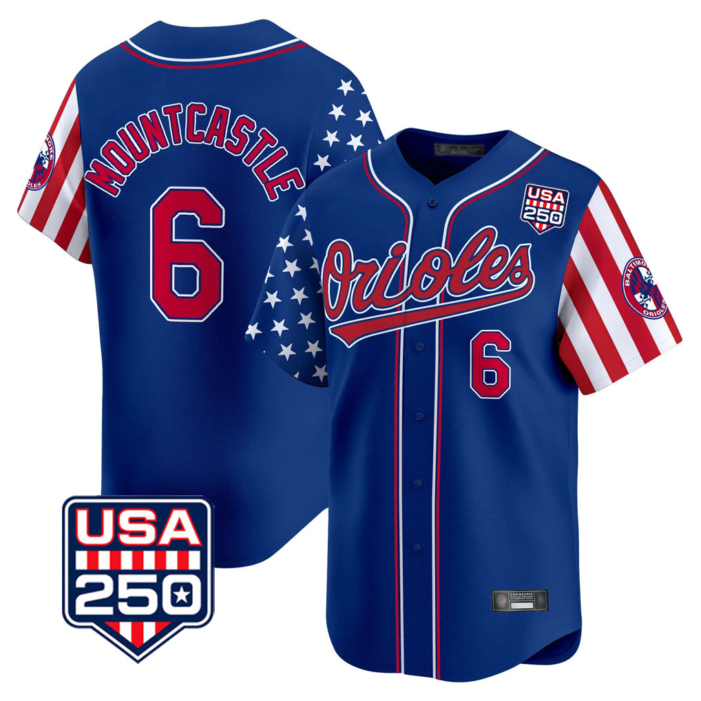 MATTH B.Orioles #6 Ryan Mountcastle Player Royal USA 250 Independence Day Vapor Premier Limited Home Game Stitched Jerseys