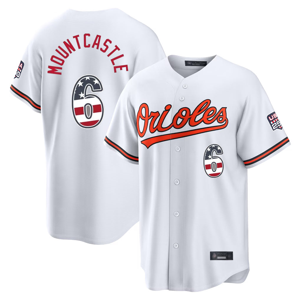 MATTH B.Orioles #6 Ryan Mountcastle Player White USA 250 Fourth of July Home Game Stitched Jerseys