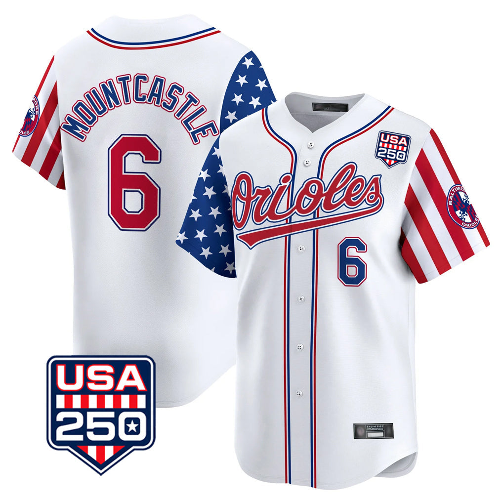 MATTH B.Orioles #6 Ryan Mountcastle Player White USA 250 Independence Day Vapor Premier Home Game Stitched Jerseys