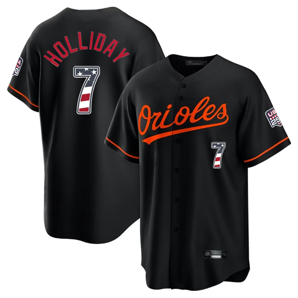 MATTH B.Orioles #7 Jackson Holliday Player Black USA 250 Fourth of July Home Game Stitched Jerseys