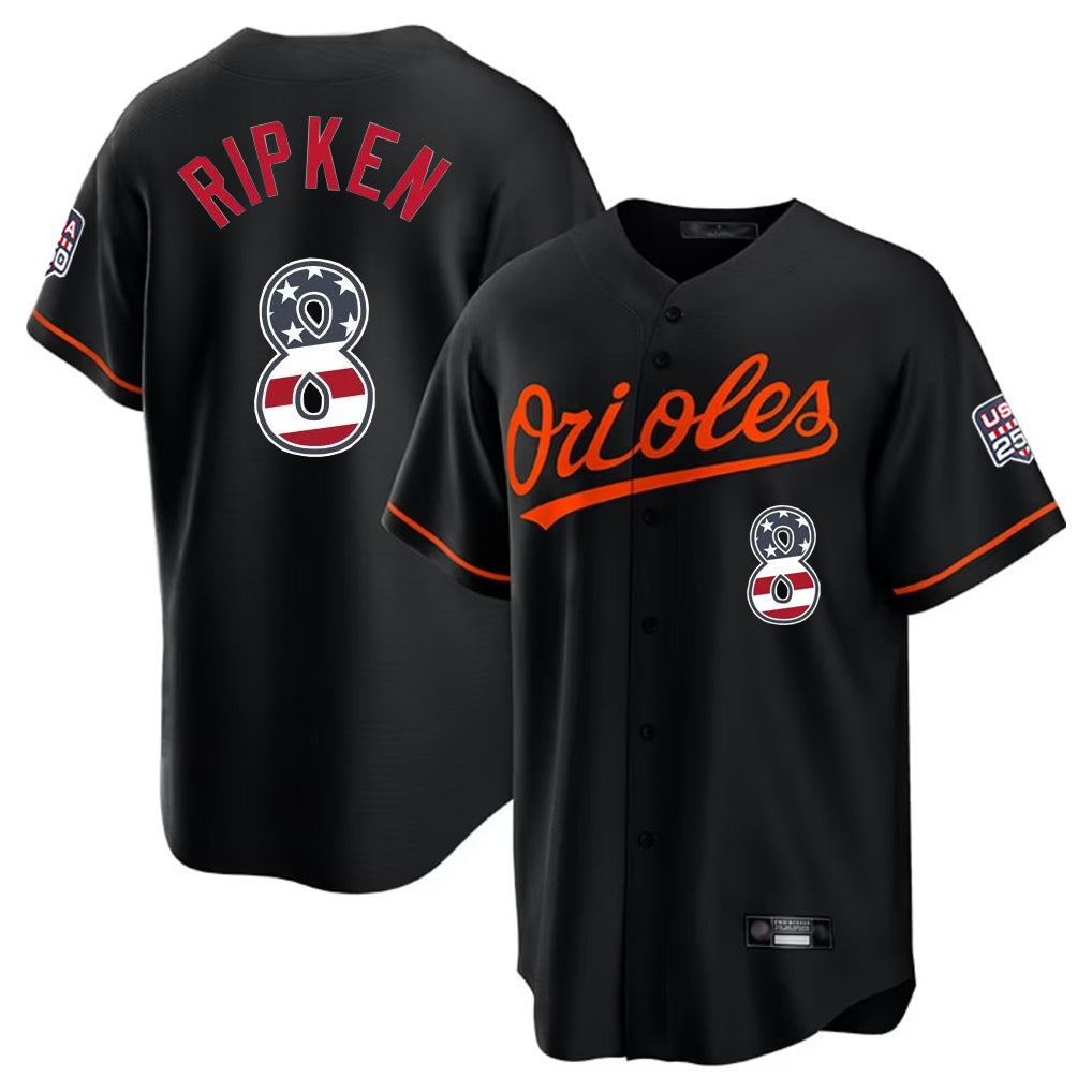 MATTH B.Orioles #8 Cal Ripken Player Black USA 250 Fourth of July Home Game Stitched Jerseys