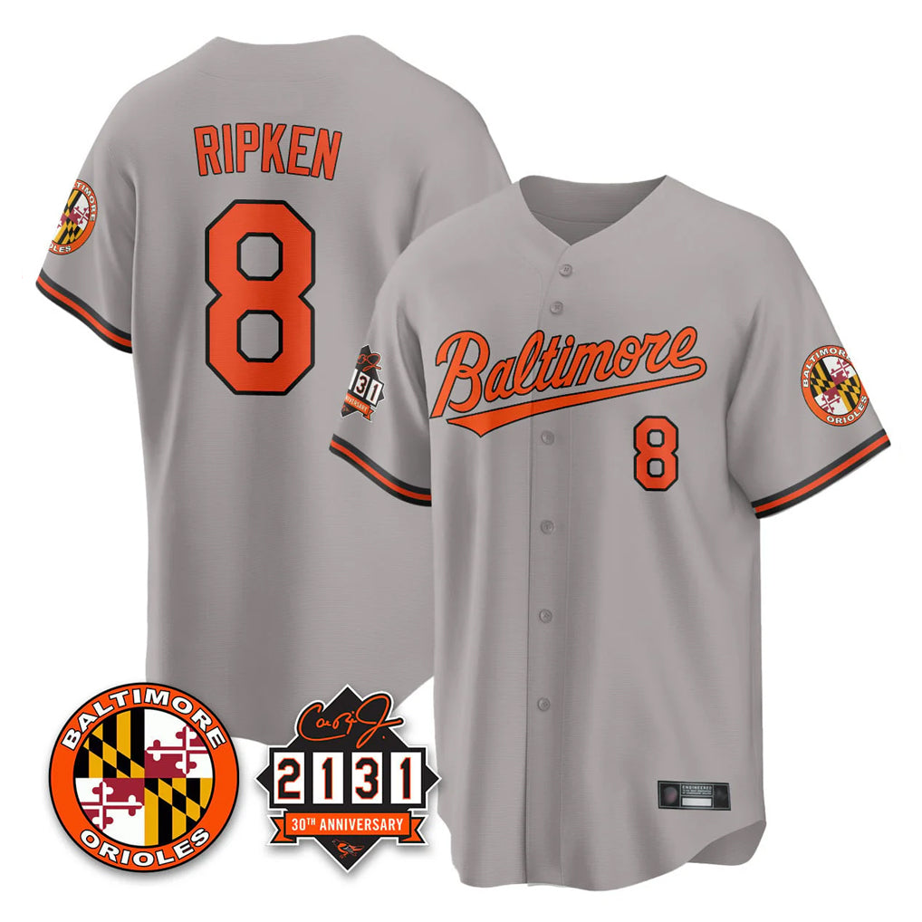 MATTH B.Orioles #8 Cal Ripken Player Gray 30th Anniversary of 2131 Home Game Stitched Jerseys