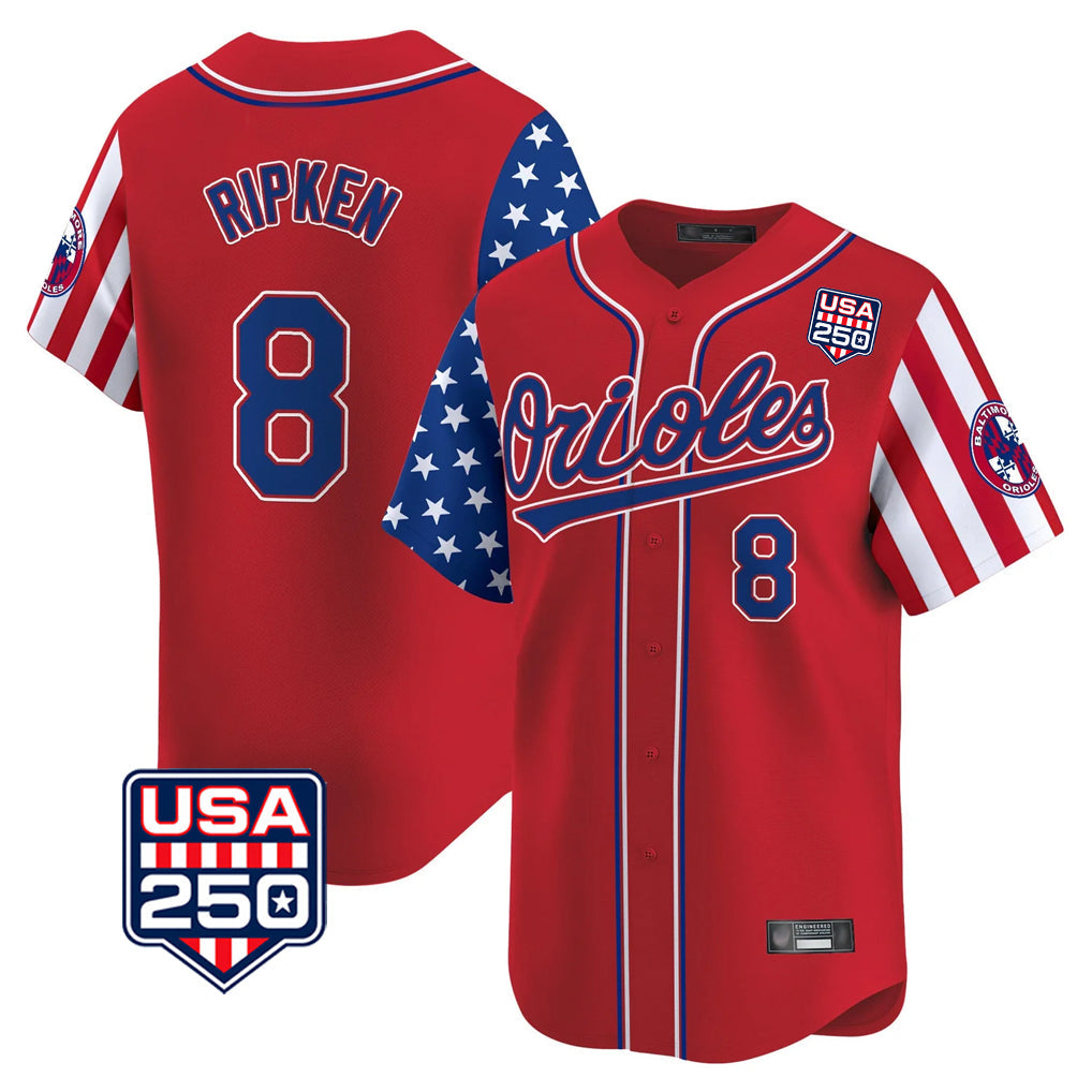MATTH B.Orioles #8 Cal Ripken Player Red USA 250 Independence Day Vapor Premier Limited Home Game Stitched Jerseys