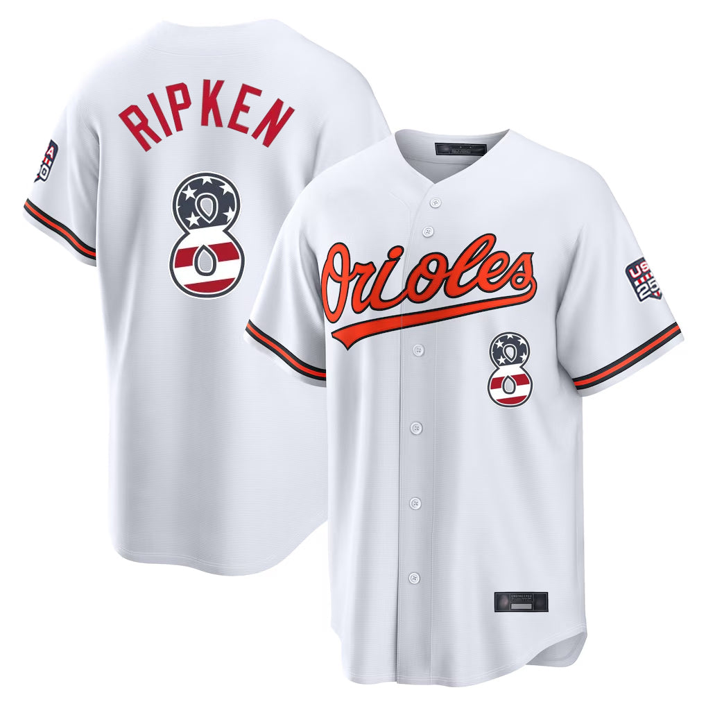 MATTH B.Orioles #8 Cal Ripken Player White USA 250 Fourth of July Home Game Stitched Jerseys