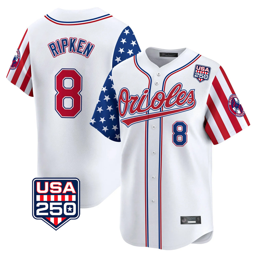 MATTH B.Orioles #8 Cal Ripken Player White USA 250 Independence Day Vapor Premier Home Game Stitched Jerseys