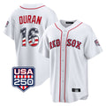 MATTH B.Red Sox #16 Jarren Duran Player White USA 250 Fourth of July Home Game Stitched Jerseys