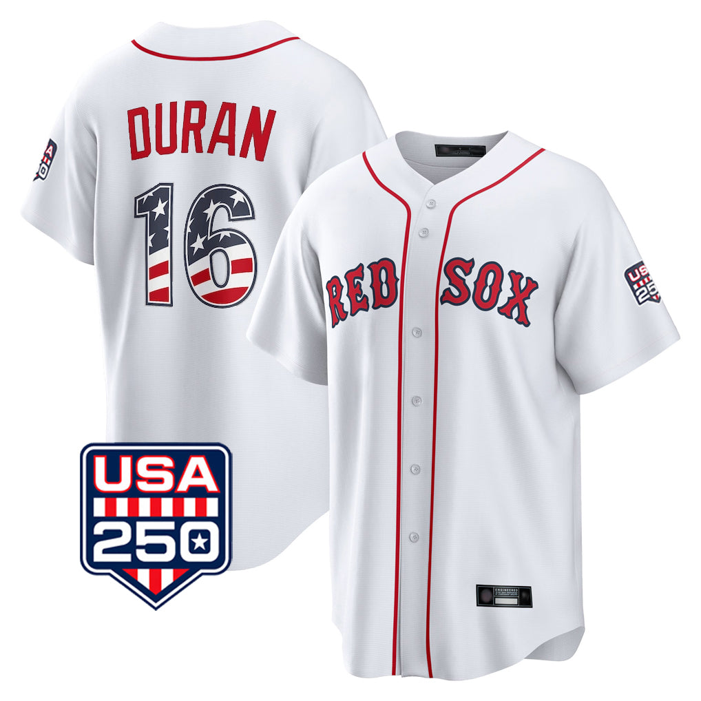 MATTH B.Red Sox #16 Jarren Duran Player White USA 250 Fourth of July Home Game Stitched Jerseys