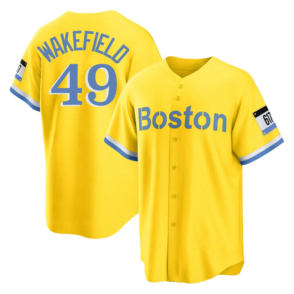 MATTH B.Red Sox #49 Tim Wakefield Player Yellow Home Game Stitched Jerseys