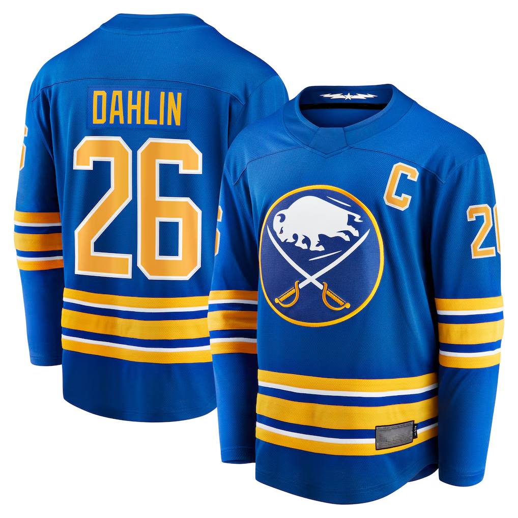 MATTH B.Sabres #26 Rasmus Dahlin Royal Home Captain Patch Breakaway Stitched Jerseys