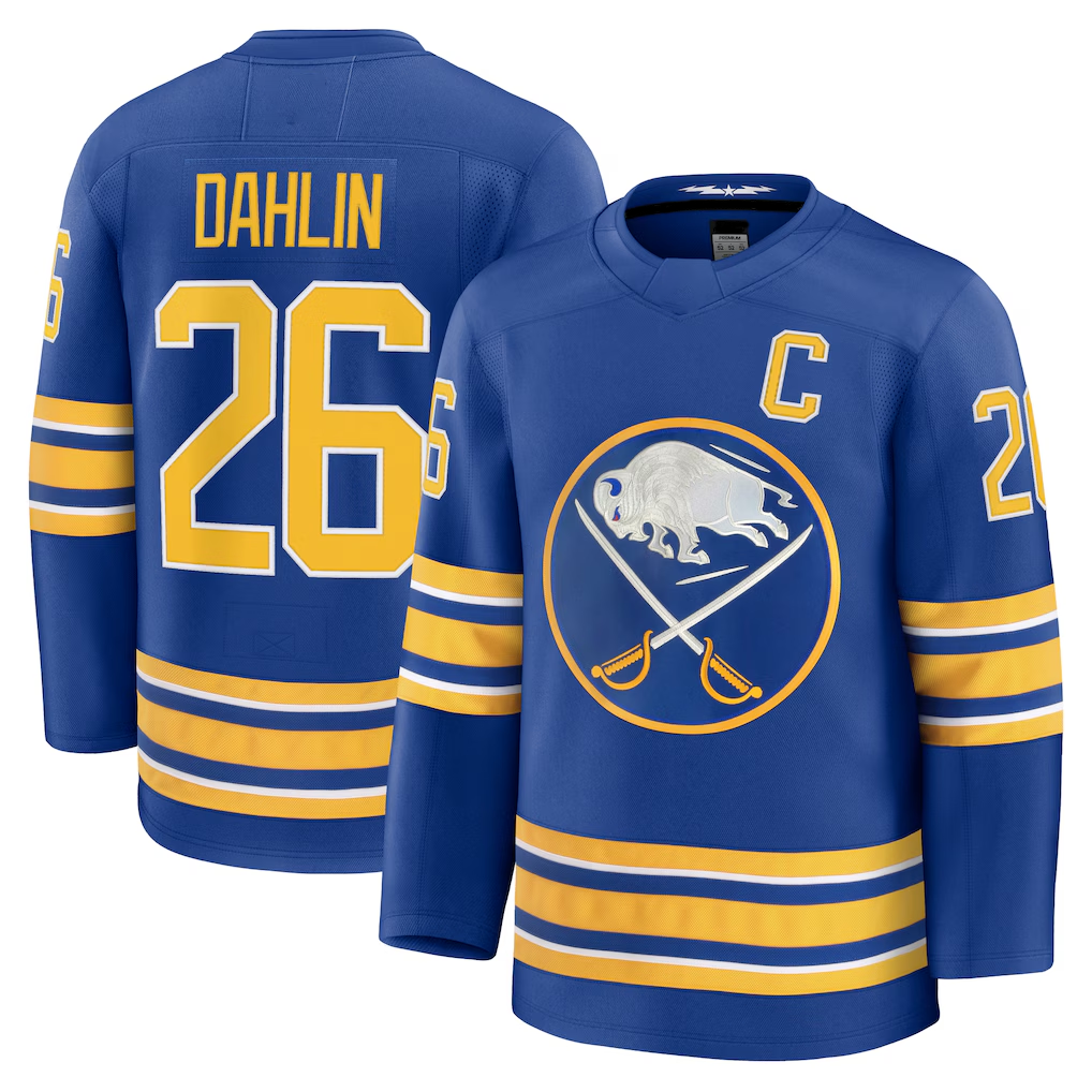 MATTH B.Sabres #26 Rasmus Dahlin Royal Premium with Captain's Patch Stitched Jerseys