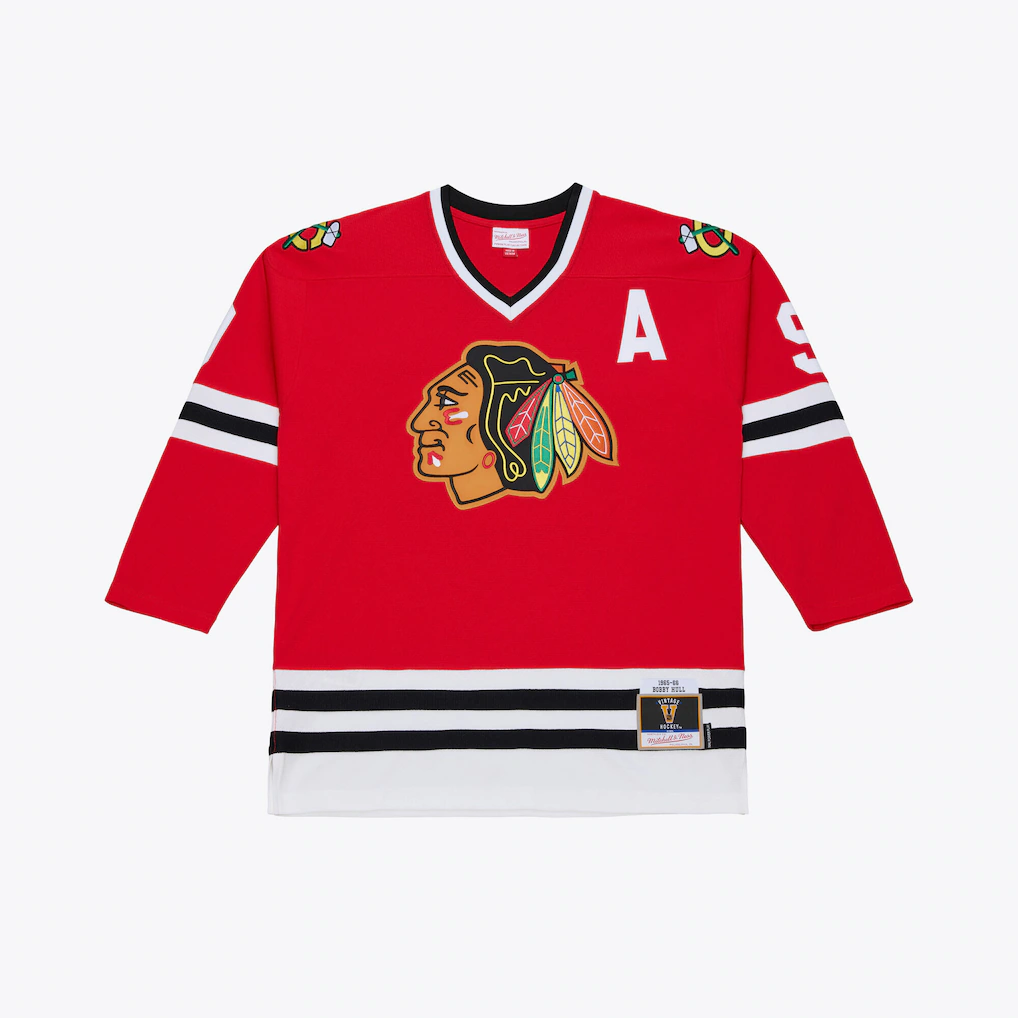 MATTH C.Blackhawks Bobby Hull Mitchell & Ness Red 1966 Power Play Jerseys