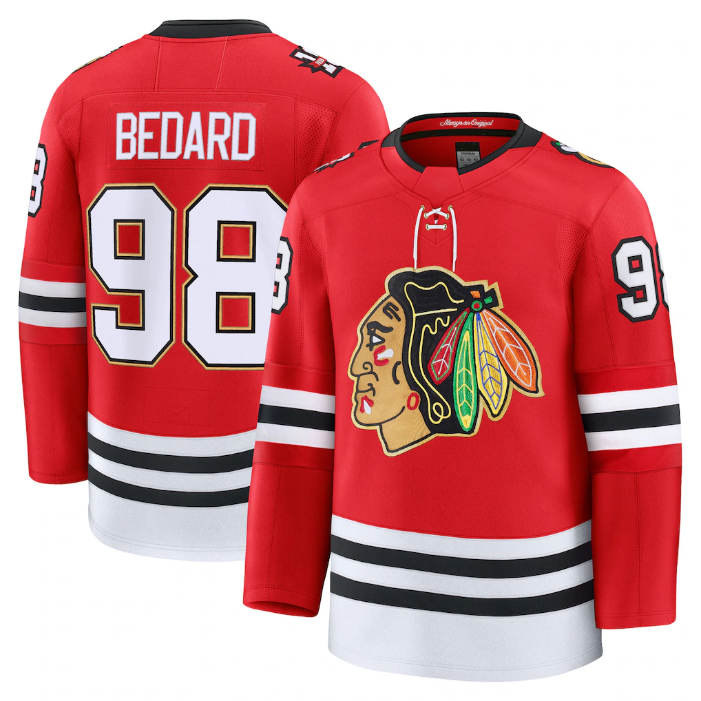 MATTH C.Blackhawks #98 Connor Bedard Red Centennial Premium Player Jerseys