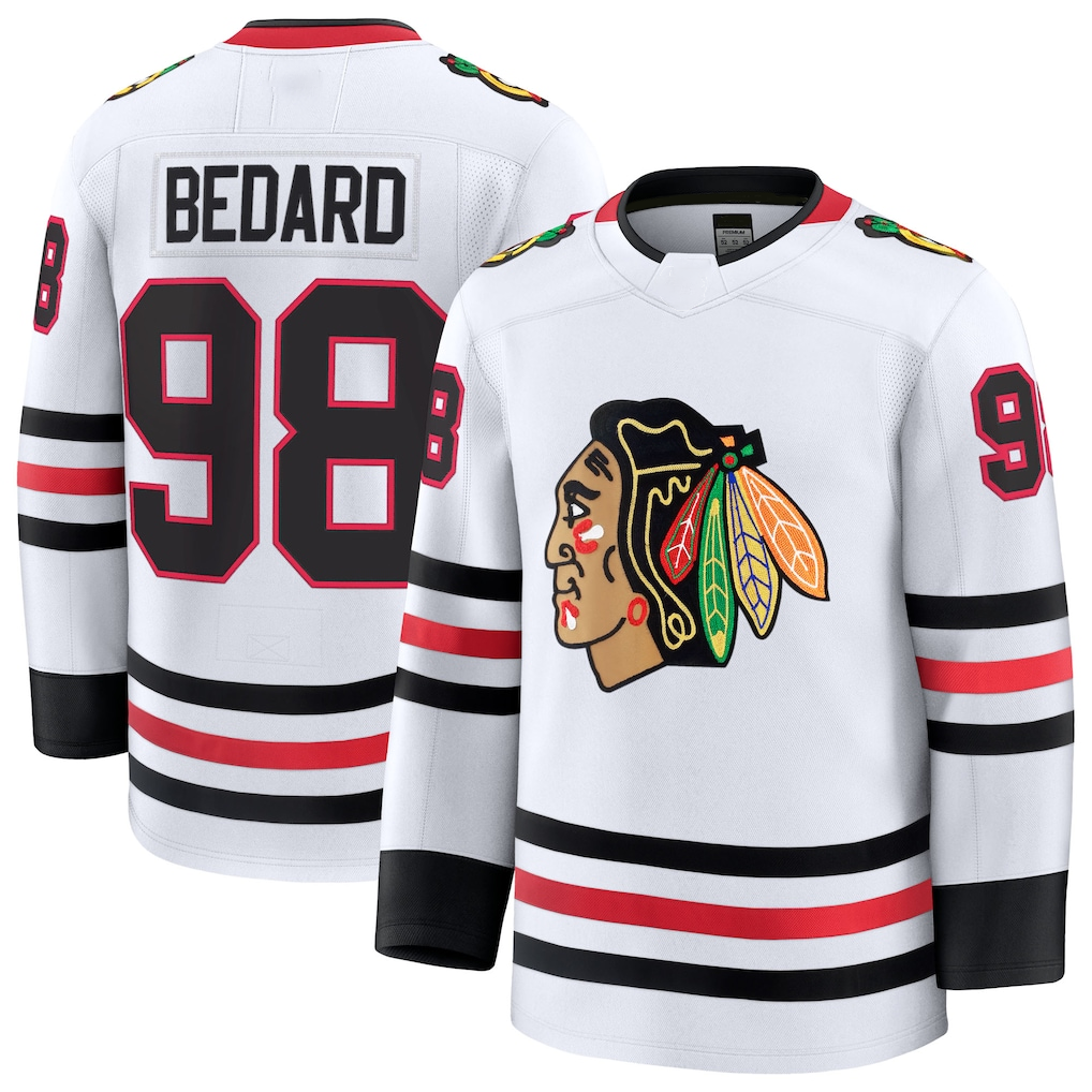 MATTH C.Blackhawks #98 Connor Bedard White Away Premium Jerseys