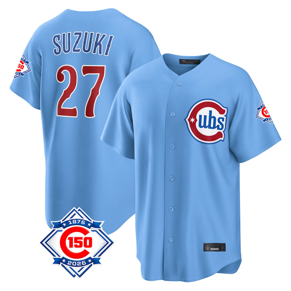 MATTH C.Cubs #27 Seiya Suzuki Player Light Blue 150th Anniversary Home Game Stitched Jerseys