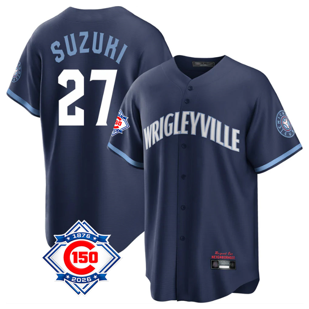 MATTH C.Cubs #27 Seiya Suzuki Player Navy 150th Anniversary City Connect Home Game Stitched Jerseys