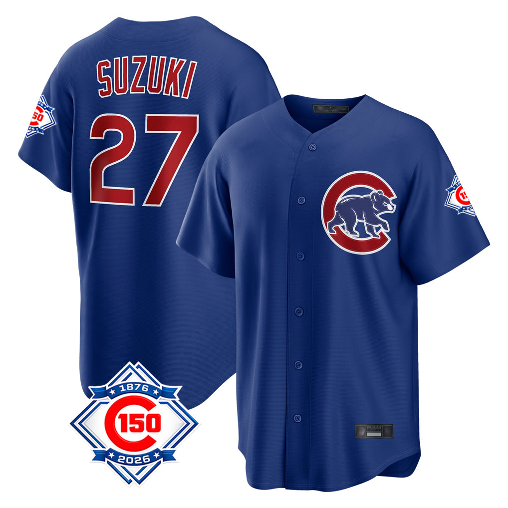 MATTH C.Cubs #27 Seiya Suzuki Player Royal 150th Anniversary Home Game Stitched Jerseys