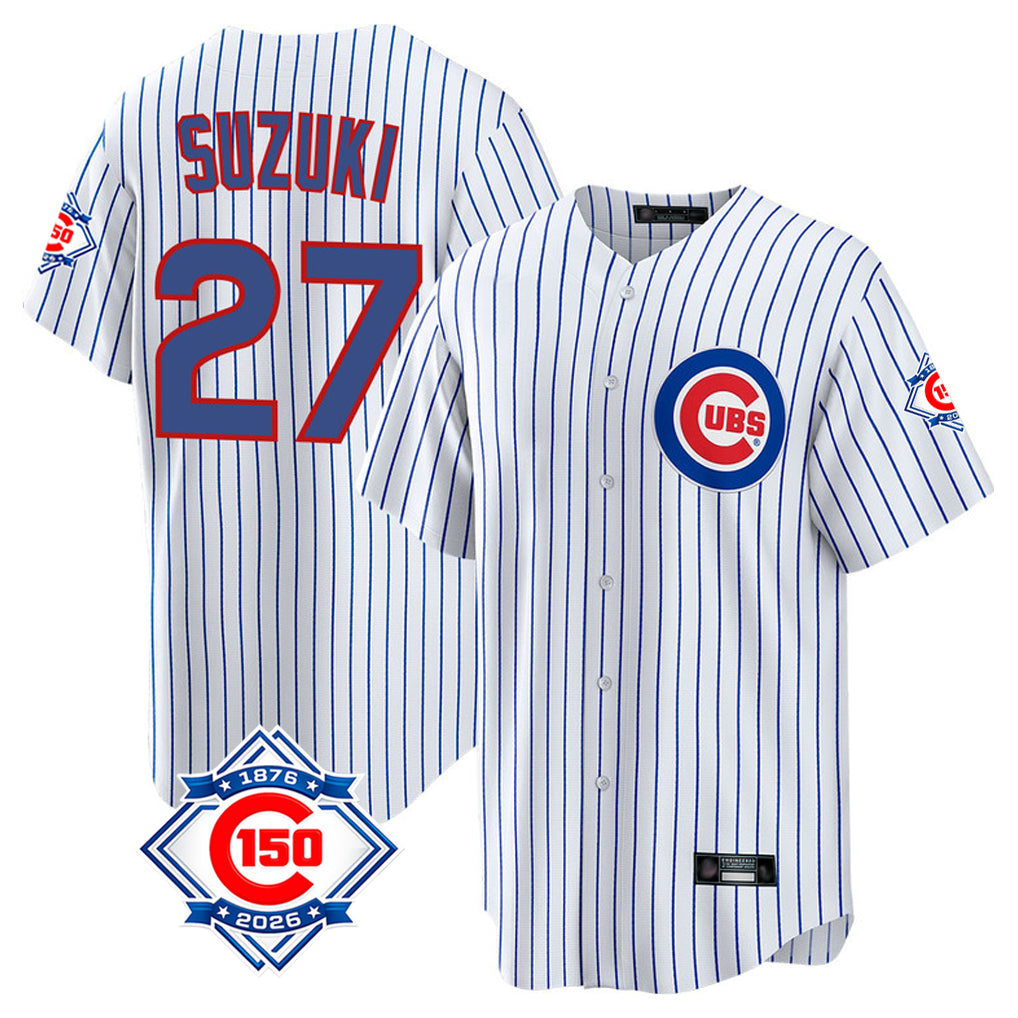 MATTH C.Cubs #27 Seiya Suzuki Player White 150th Anniversary Home Game Stitched Jerseys