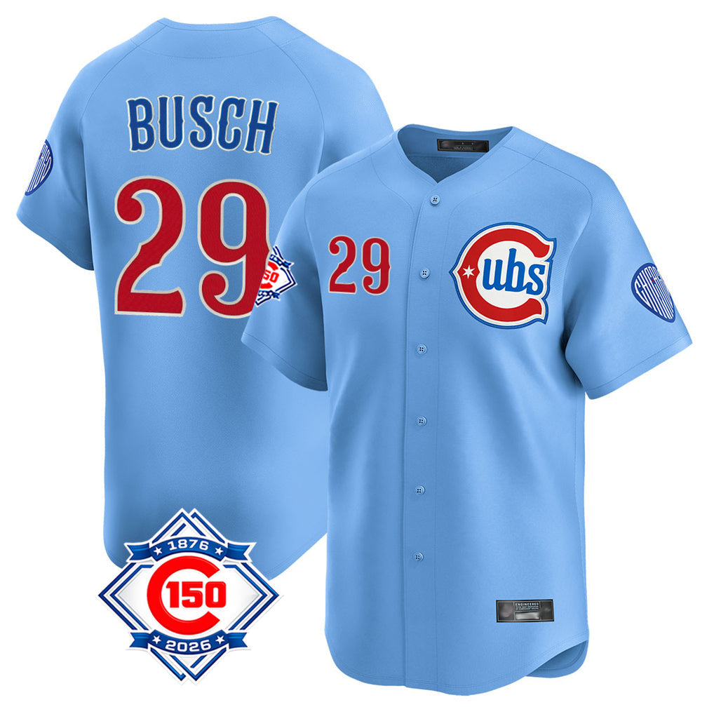 MATTH C.Cubs #29 Michael Busch Player Light Blue 150th Anniversary Limited Home Stitched Jerseys