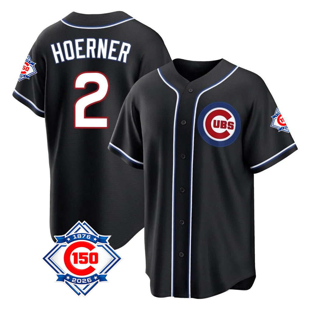 MATTH C.Cubs #2 Nico Hoerner Player Black Fashion Out 150th Anniversary Game Stitched Jerseys