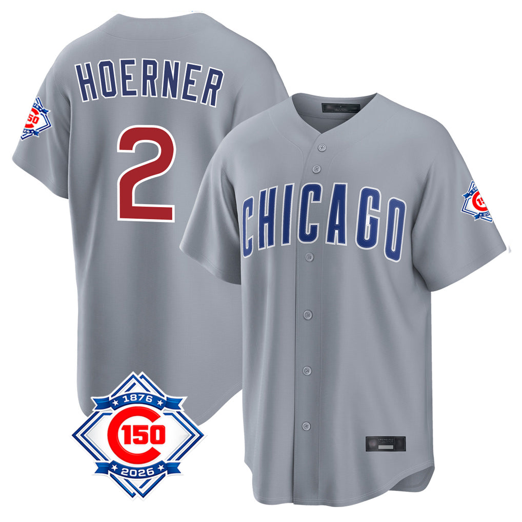 MATTH C.Cubs #2 Nico Hoerner Player Gray 150th Anniversary Home Game Stitched Jerseys